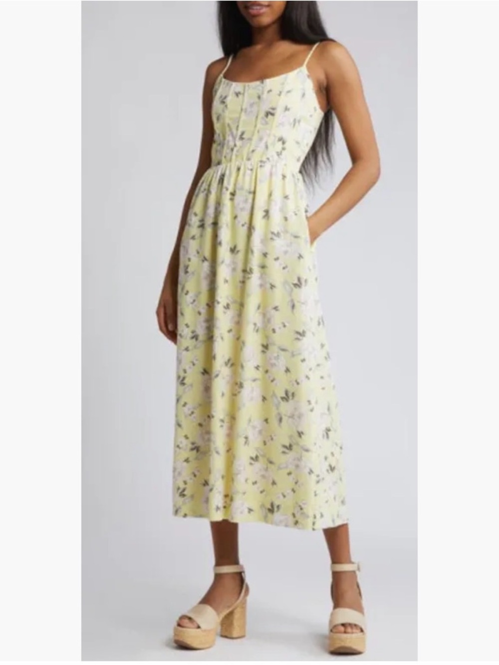 Charles Henry Pale Yellow Floral Spaghetti-Strap Linen Midi Dress